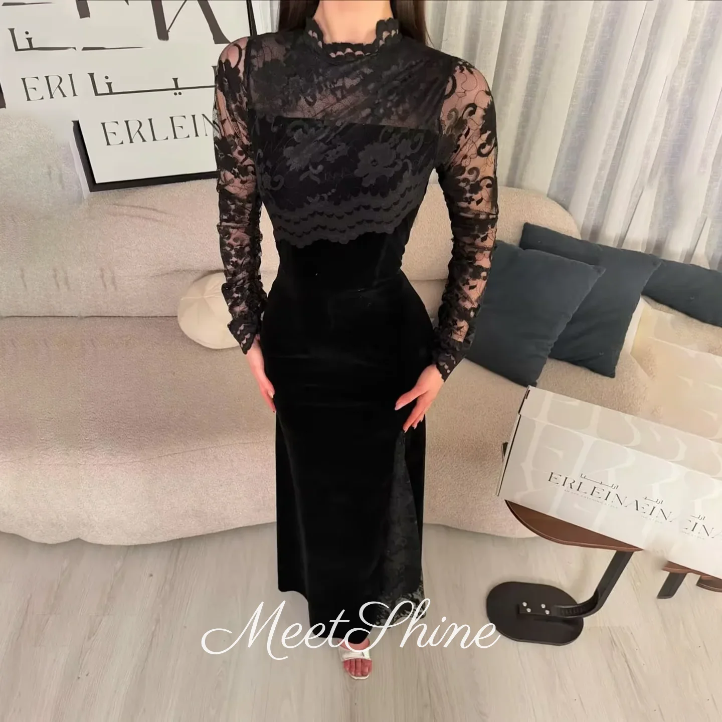 

Винтажные бархатные вечерние платья-русалка с высоким воротом и длинными рукавами, черные, с боковым разрезом, кружевные, для особых случаев, на заказ