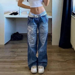 Jeans à imprimé floral Harajuku pour femmes, pantalons droits baggy esthétiques vintage, tenues décontractées grunge, fjStreetwear Y2k