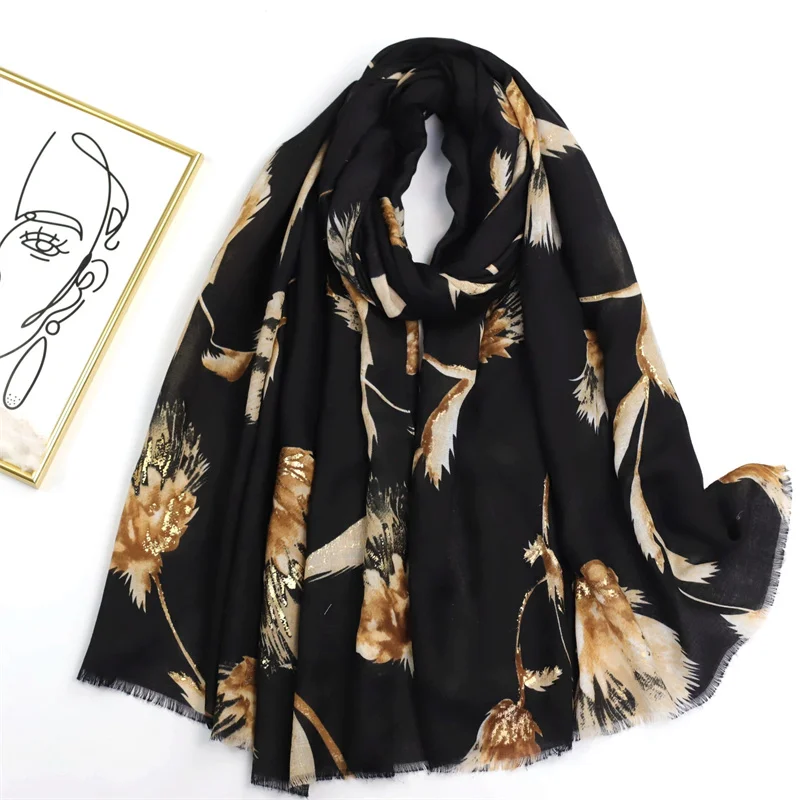 2023 luxus Marke Fringe Viskose Schal für Frauen Gold Lurex Aztec Floral Schals und Wraps Pashmina Muslimischen Bufandas 180*90Cm