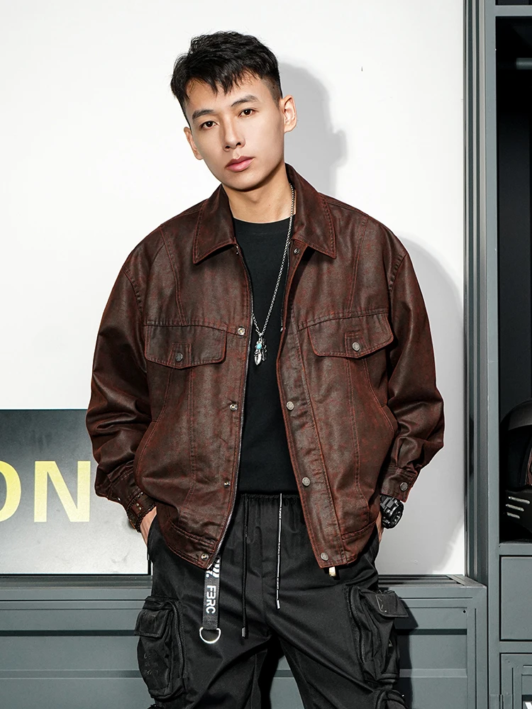 香港ハイエンドアメリカンレトロレザージャケットメンズ春秋バイクルーズパイロットレッドコートレザージャケット