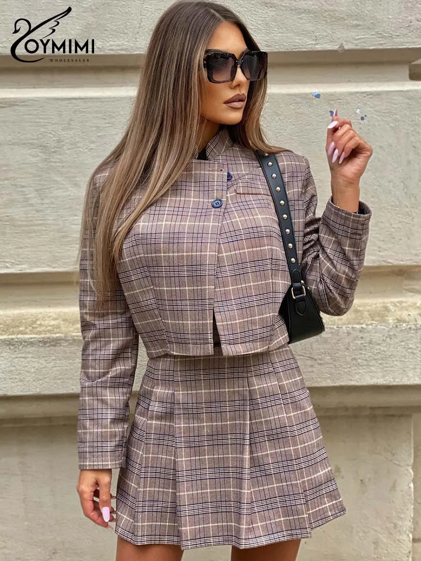 Oymimi Elegant Brown Print 2 Piece Sets Woman Outfit Fashion Long Sleeve Button Pockets Shirts And High Waist Pleated Skirts Set