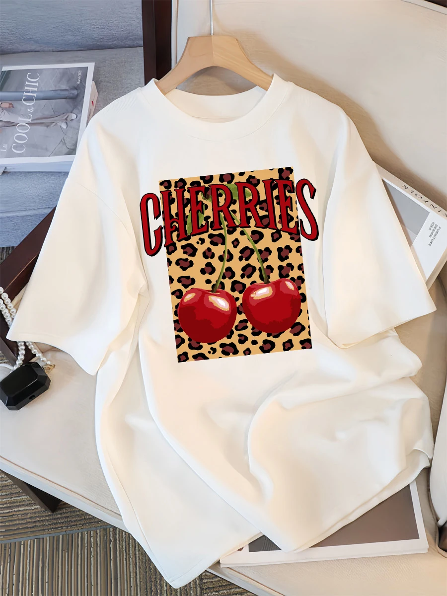 Leopard Kirsche Kreative Design Frauen T-shirts Baumwolle Casual T Shirt Sommer Oansatz Streetwear Weiche Übergroßen Kurzarm