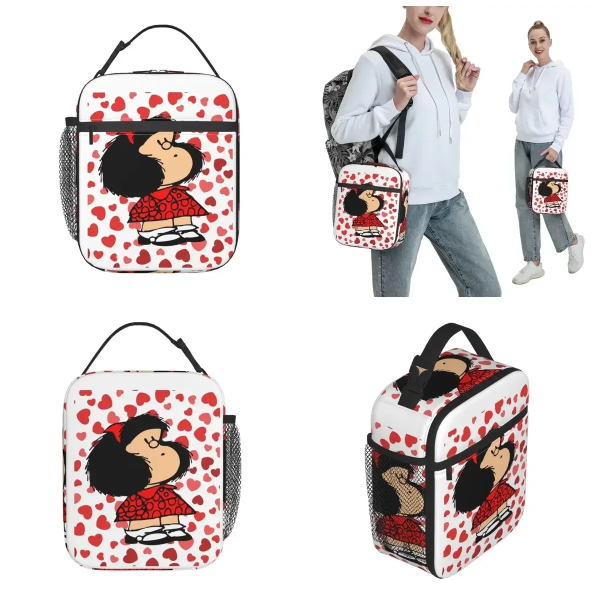 Mafalda Anime Plaid Insulated Lunch Bag Thermal  Meal Container Leakproof  Box Tote Food Handbags Work Travel