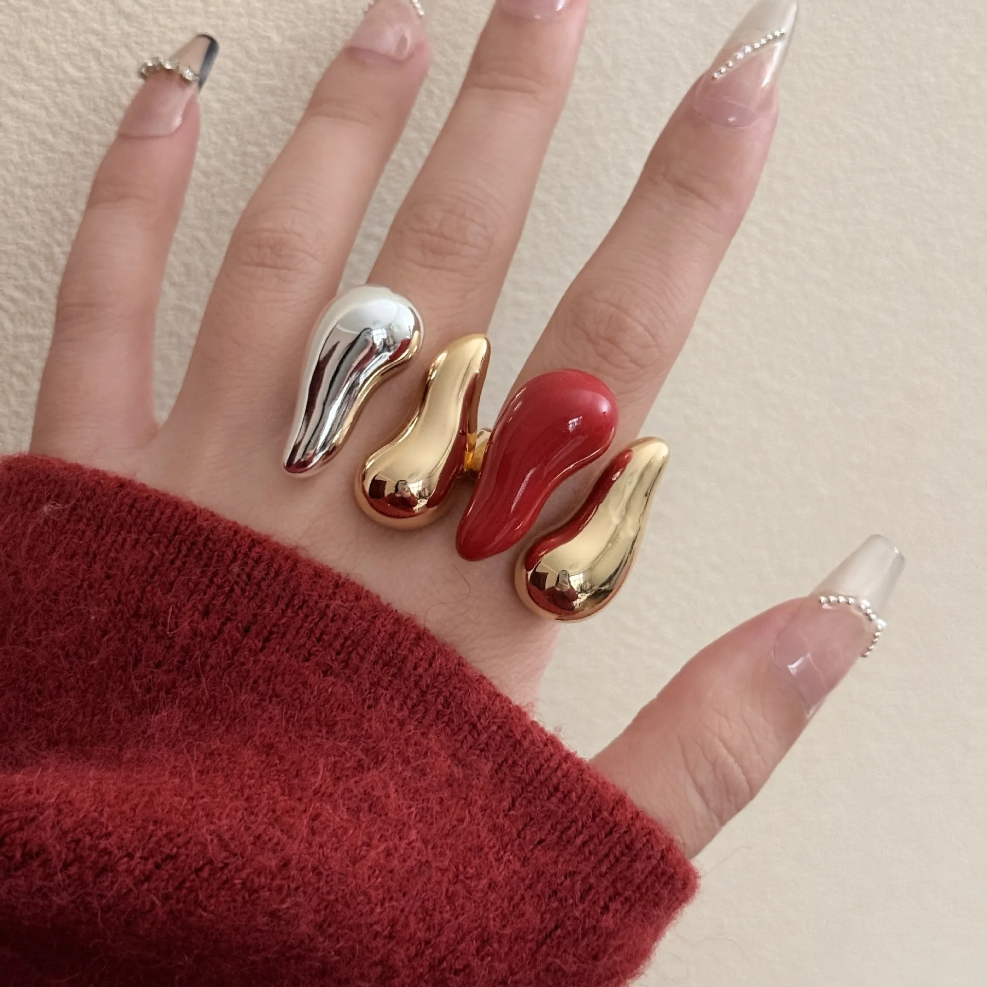 Vintage Water Drop Irregular Enamel Open Adjustable Rings for Women Girls Gold Plated Trendy Finger Jewelry Gift