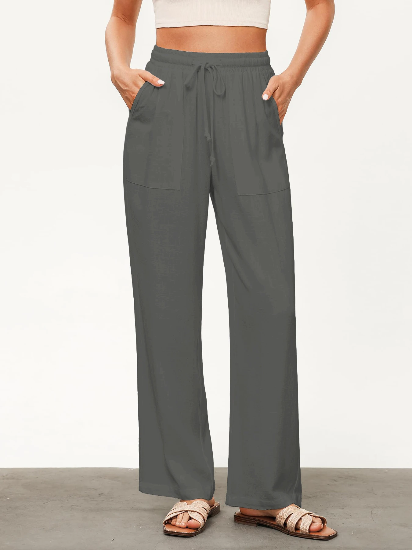 Einfarbige, lockere, weit geschnittene Hose für Damen, lässige, gerade Hose mit Kordelzug, lässige Hose mit Taschen, lockere Hose mit hoher Taille – Detail 18