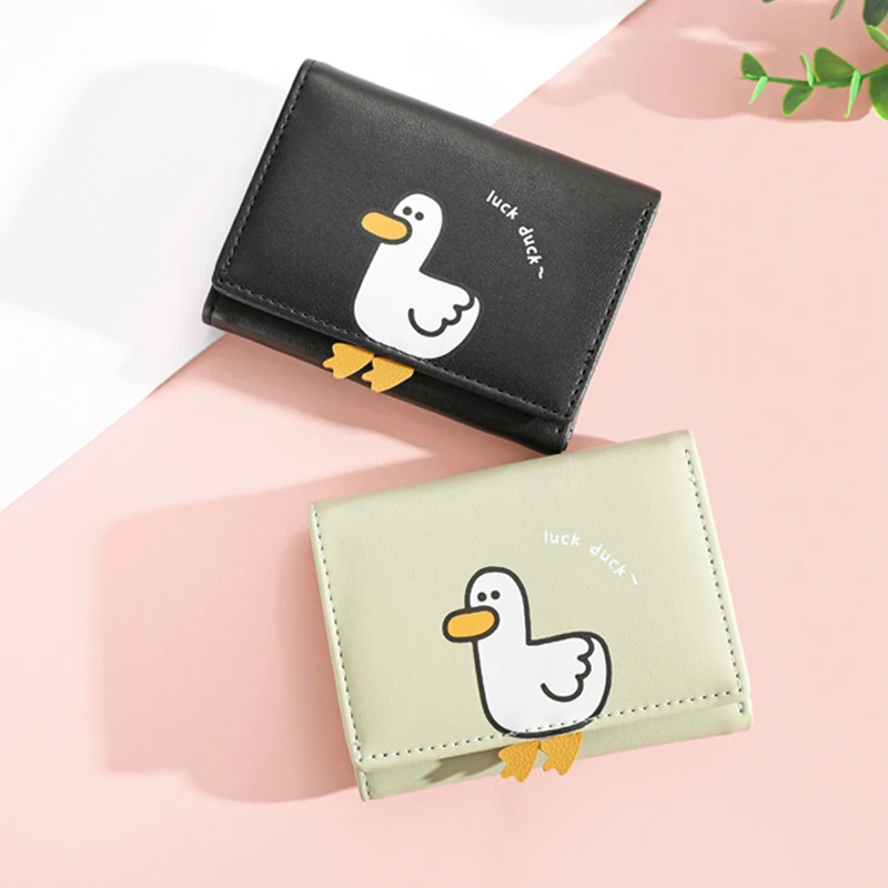 Creatieve Cartoon Luck Duck Design Dames Portemonnee Pu Lederen Bankkaarthouder Kawaii Korte Vouw Portefeuilles Cash Clip Vrouwen Portemonnees