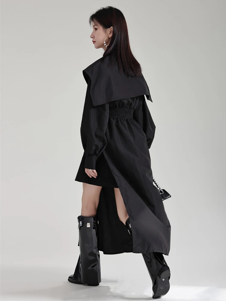 [EAM] Women Black Irregular Shirt Dress New Lapel Lartern Long Sleeve Belt Waist Loose Fashion Tide Spring Autumn 2024 1DH2257