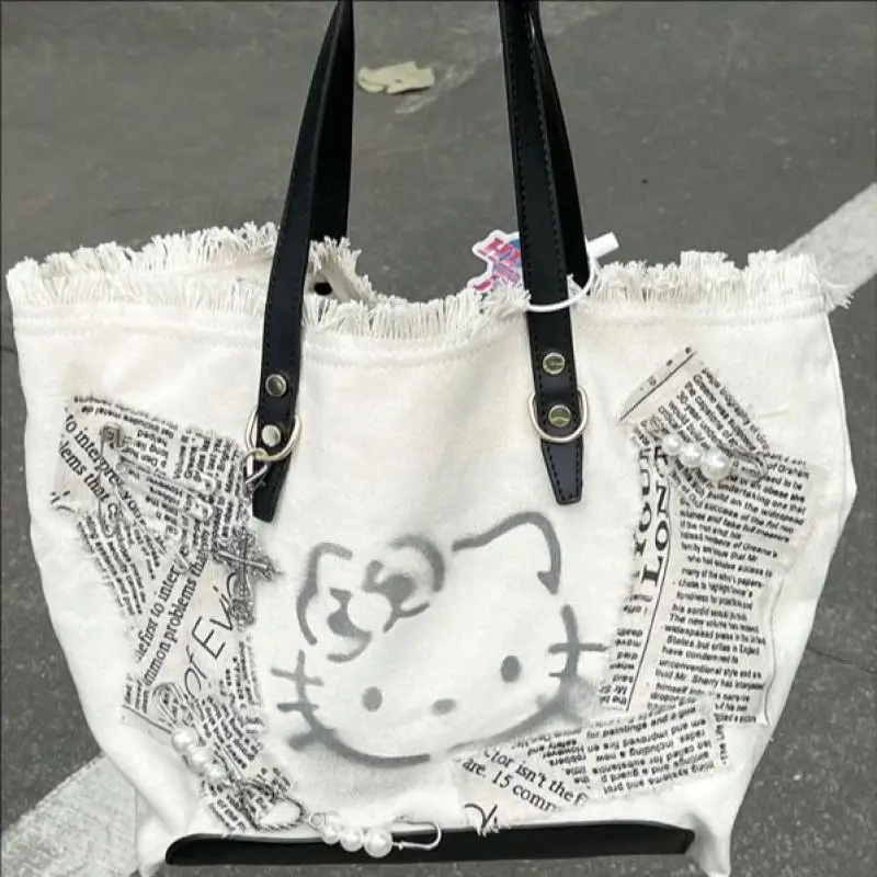 Sanrio Hellokitty Black Kitten Pattern White Canvas Shoulder Bag Kawaii Spicy Girl Style Cartoon Embroidery Fashion Travel Gifts