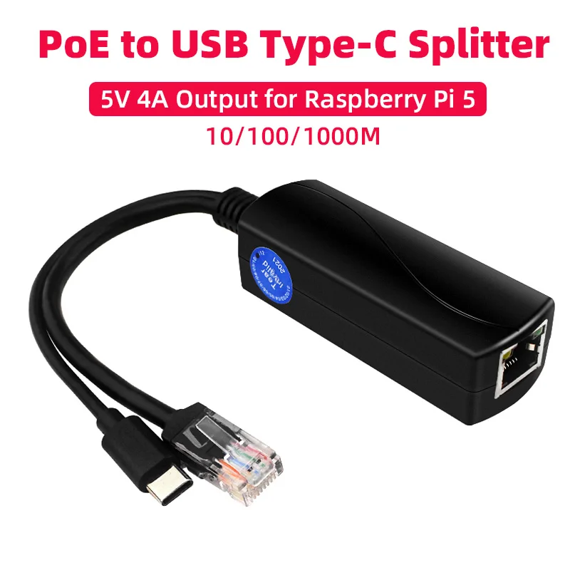 5V 4A Raspberry Pi 5 PoE Splitter 10/100/1000MB Network Gigabit IEEE 802.3 af/at Type-C to PoE for Pi 5 Pi5