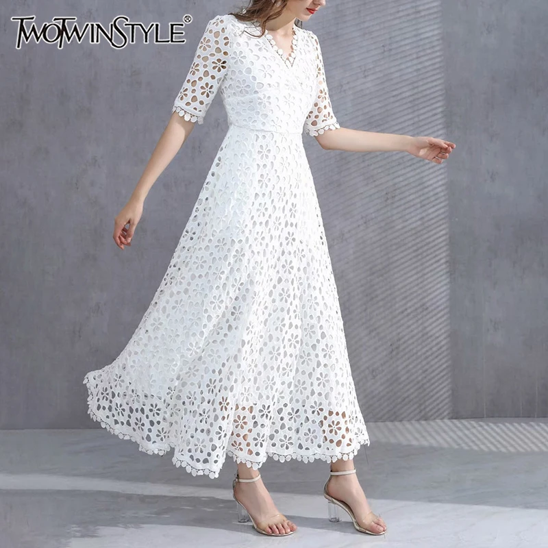 

TWOTWINSTYLE Solid Embroidery Elegant Dress For Women V Neck Short Sleeve High Waist Hollow Out A Line Dresses Female Fashion