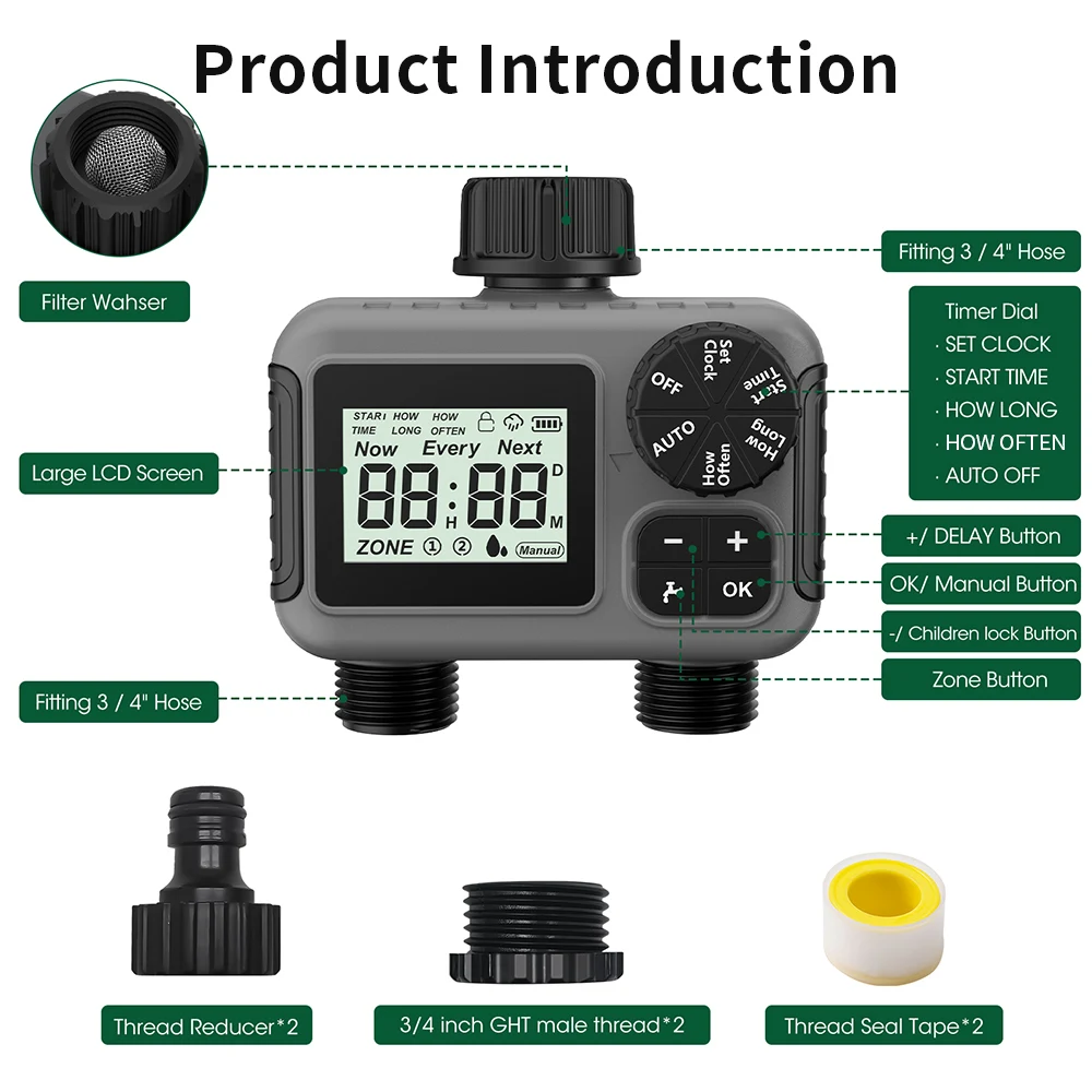 Mini Digital Irrigation Timer Automatic 2-way Timer 3/4 Inch Thread Sprinkler Timer IPX5 Water Timer for Garden Greenhouse