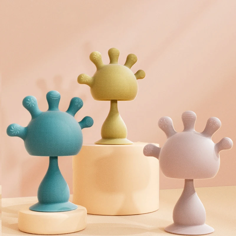 Baby Finger Mushroom-Shaped Rattle Teether, Silicone Soft Teething Stick, Newborn Soothing and Chewing Fun