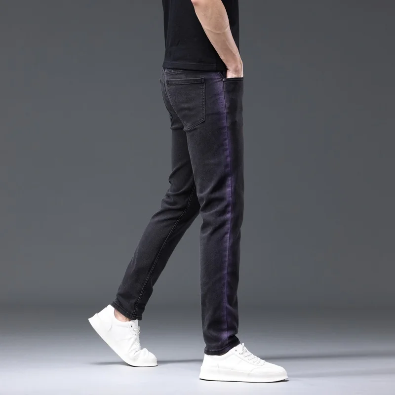 2024 Spring and Summer New Black Jeans Men's Stretch Slim-Fit Trendy Casual Personalized Side Line Design High-End Pants