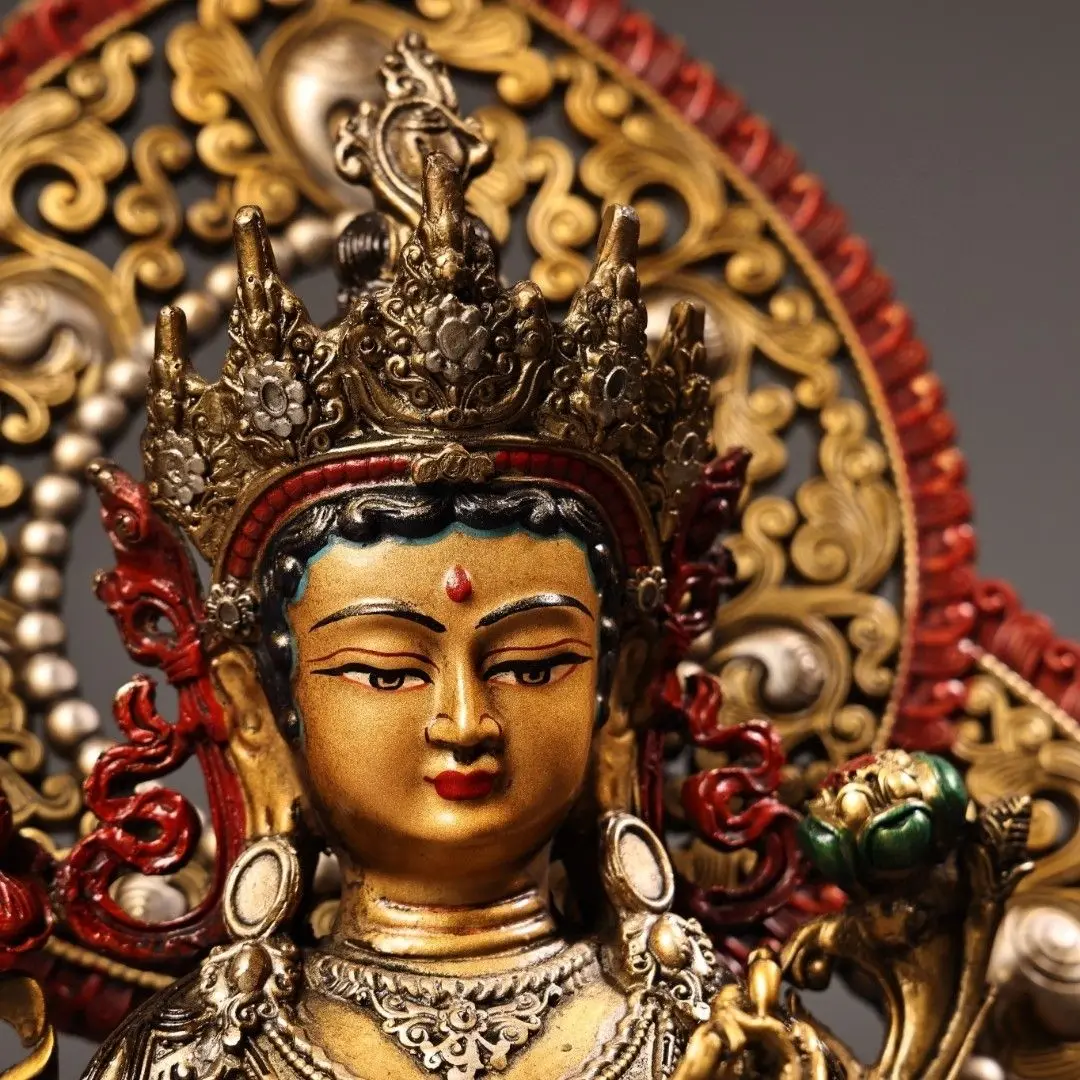 Antiques Tibetan Green Tara Statue Nepalese Painted Buddha Sculpture with Openwork Backplate Buddhism Home Altar Decor