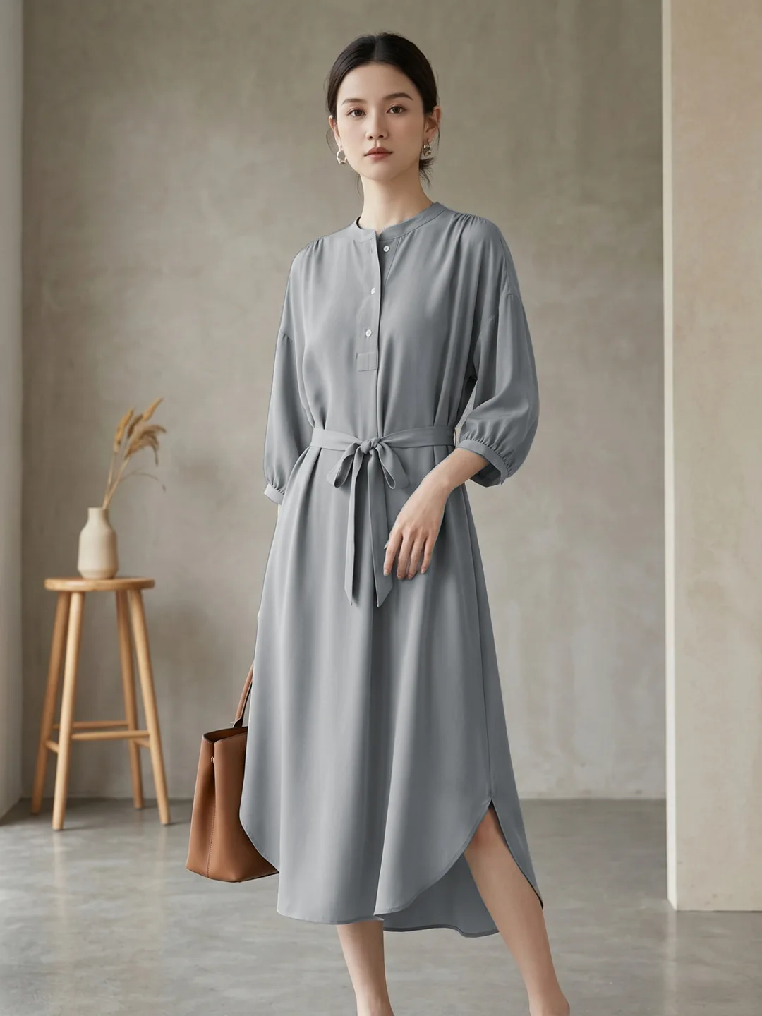 

Women's Dress 100% Real Mulberry Silk Self-Tie Round Neck 3/4 Sleeve Midi Dress Daily Commute Elegant Temperament Summer 2026