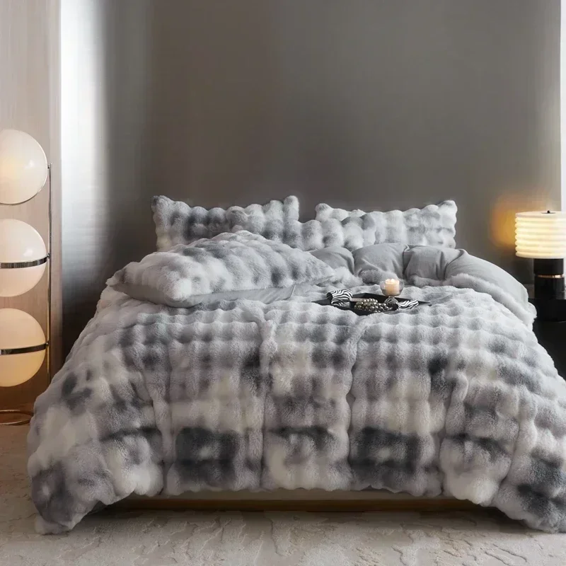 Svetanya Warm Faux Fur Bedding Set Double Queen King Size Bed Linens Solid Color Duvet Cover Sheet Pillowcase