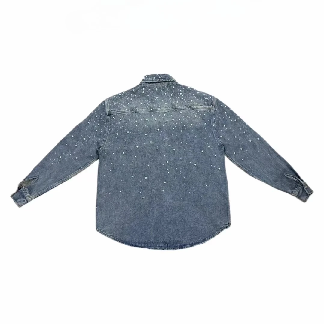 خريف جديد النمط الياباني الأصلي الدنيم قميص طويل الأكمام غسلها خمر اللؤلؤ الثقيلة التطريز حجر الراين سترة للجنسين #4