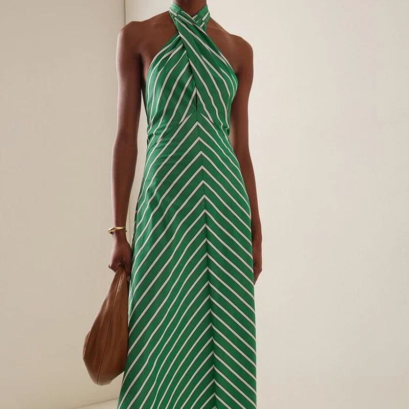 

Flaxmaker Summer Women New European and American Style Women's Sleeveless Backless Striped Midi Dress A-line Long Skirt