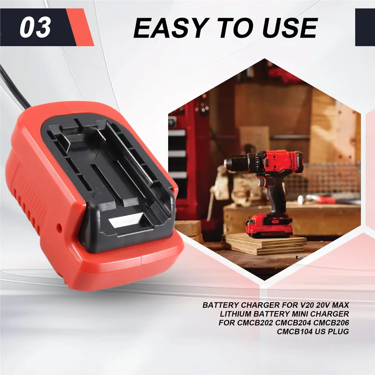 AS576 HAPPY^Battery Charger for V20 20V Max Lithium Battery Mini Charger for CMCB202 CMCB204 CMCB206 CMCB104 US Plug