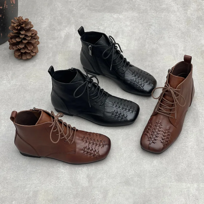 Handmade Woven Genuine Leather Ankle Boots Women Vintage Square Toe Flat Booties Washed Cowhide Lace Up Side Zipper Shoes 2026