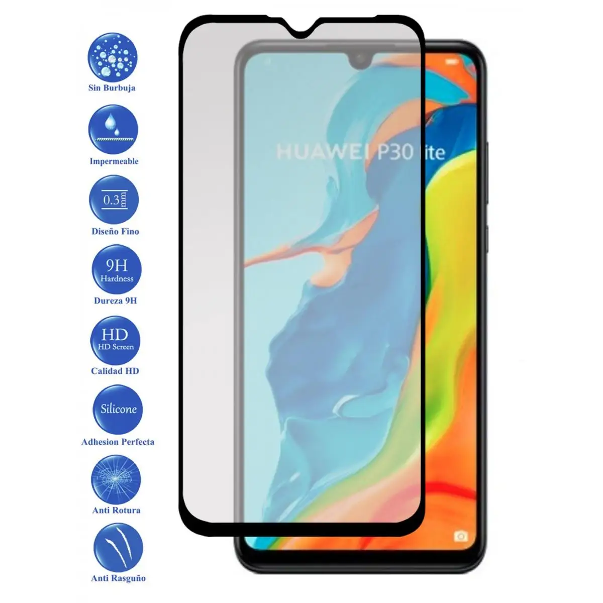 Huawei P30 Lite New Edition Black tempered glass 9H screen Protector for movil