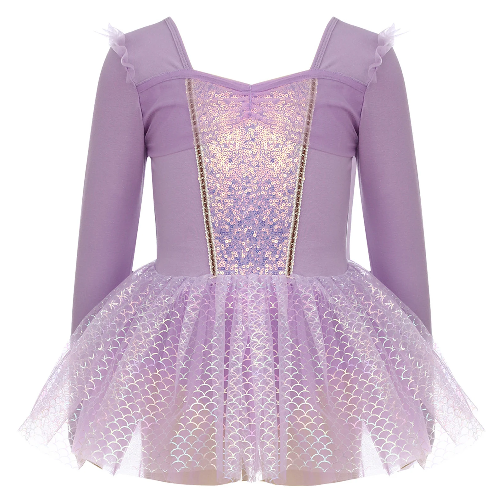 Kinderen Meisjes Ballet Dans Jurken Sheer Mesh Ruche Lange Mouw Glanzende Pailletten Patchwork Schubben Tule Tutu Jurk Danskleding
