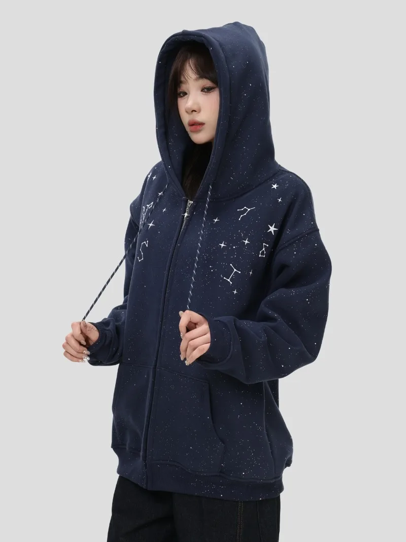 American Retro Fashion Trend Heavy Craft Starry Sky Hooded Sweatshirt Fleece Lined Warm Zipper Cardigan Jacket for Men