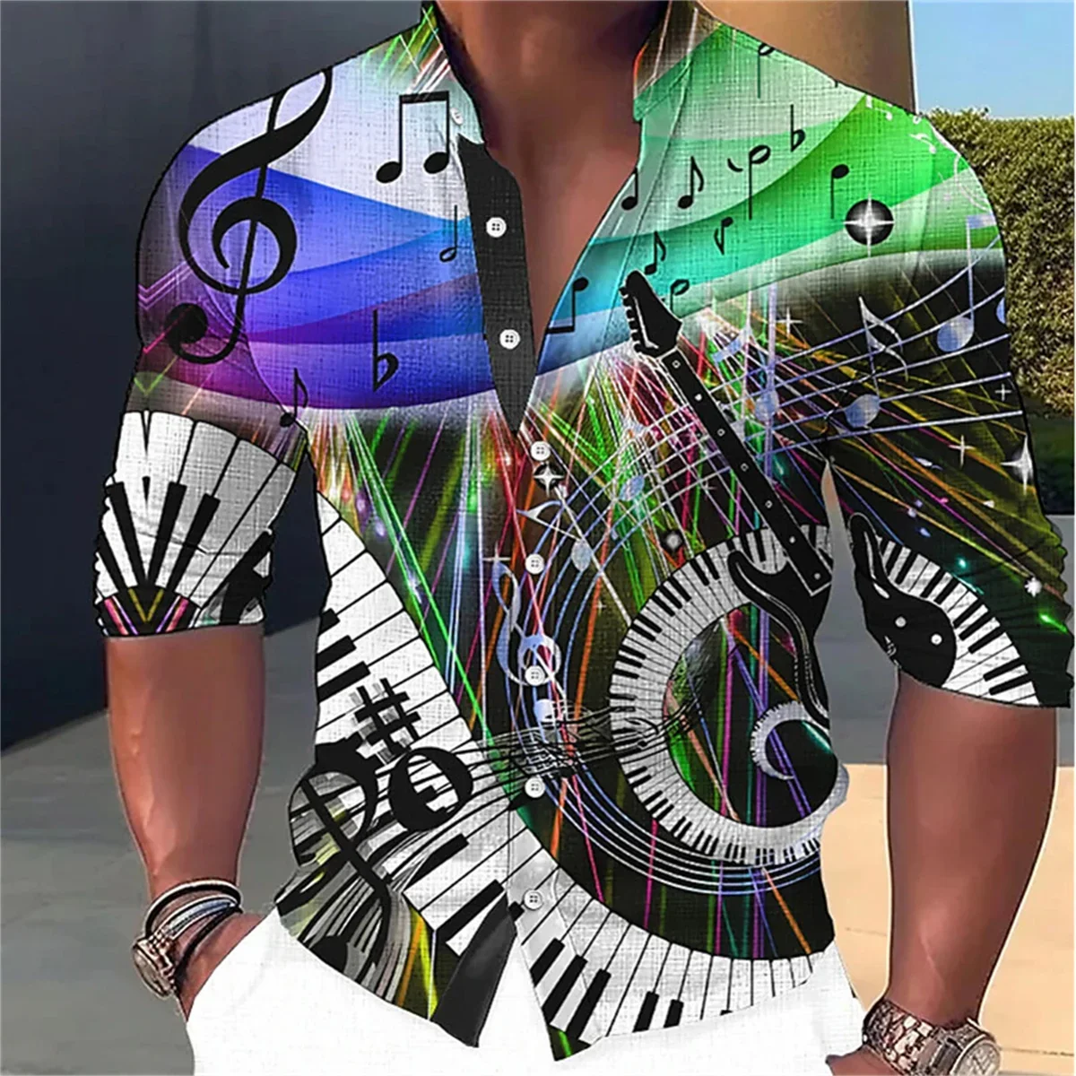 2023 New Men\'s Colorful Music Pattern Printed Long Sleeve Standing Neck Shirt Designer Clothing Soft and Comfortable Fabric