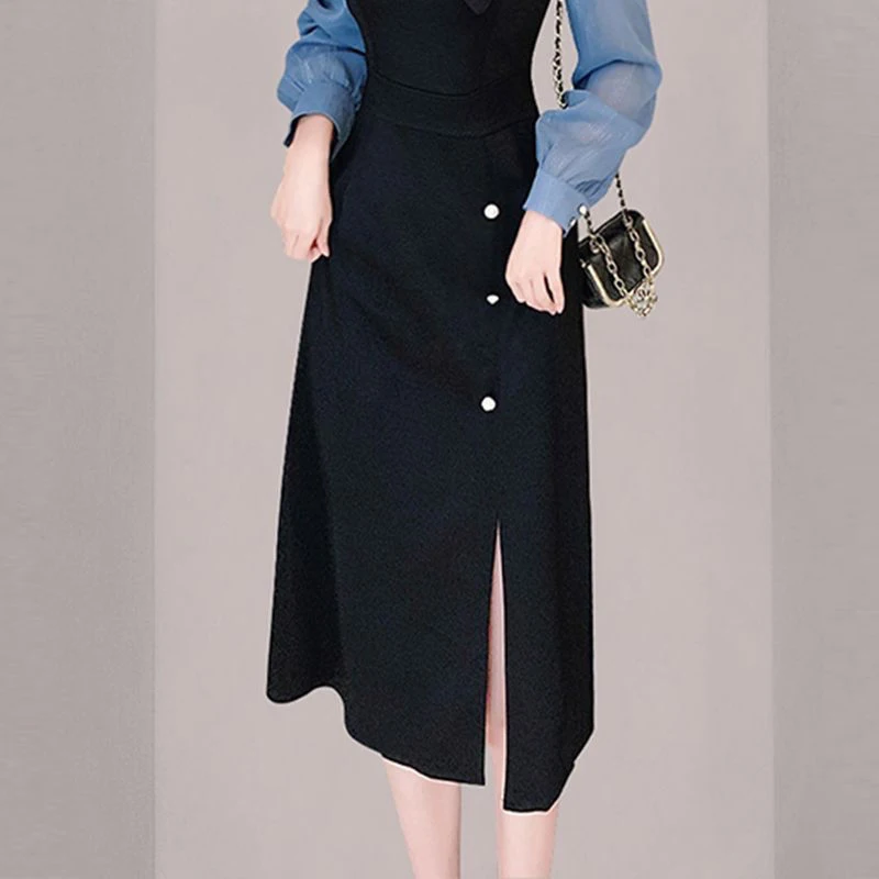 Primavera autunno ufficio signora elegante moda Vintage Midi Dress femminile manica lunga temperamento Patchwork Robe donna fessura abiti