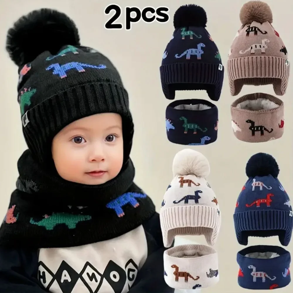 Ensemble chapeau et écharpe d'hiver pour enfants, 2 pièces, bonnet en tricot doux et chaud avec oreillettes, léger et chaud pour garçons et filles