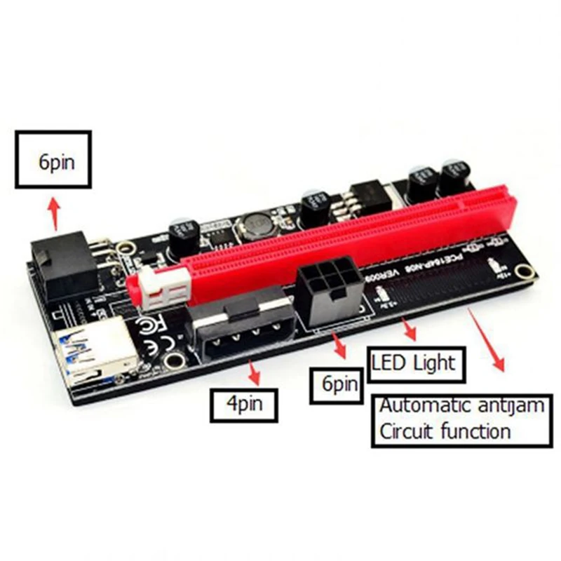 6 шт. плата адаптера Pci-E Ver009S PCI-E 1X до 16X 6-контактный/4-контактный USB-удлинительный графический кабель-адаптер для горных машин