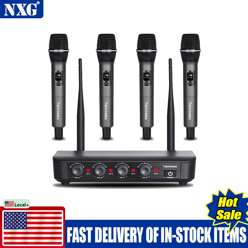 Factory Direct NXG LV‑08 4‑Channel UHF Wireless Microphone System, 4 Metal Handheld Dynamic Mics with Receiver, Independent Volume Control, Stable Signal, Anti‑howling & Noise Reduction, Portable Kit for Karaoke, Stage, Wedding, Conference, Church