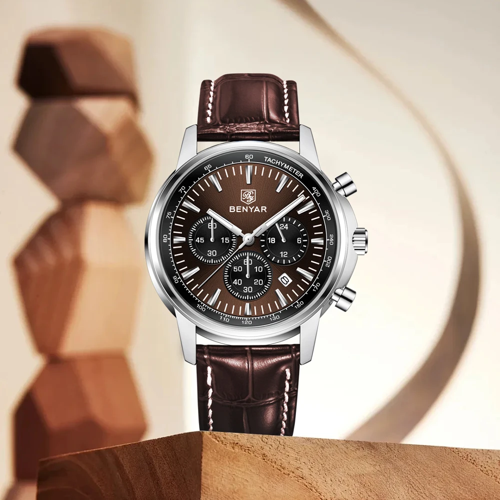 

Новинка 2022, мужские часы BENYAR, роскошные кварцевые наручные часы, часы с хронографом для мужчин, водонепроницаемые кожаные спортивные мужские подарочные часы