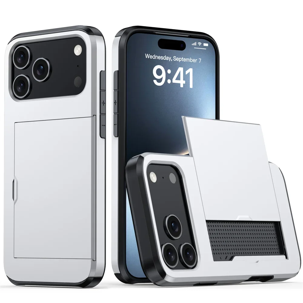 Robuste Handyhülle für iPhone 18 17 16 Plus 15 Pro 15 14 13 12 11 Pro Max mit Brieftaschen-Kartenhalter und Schiebeverschluss aus hartem PC-Schutzmaterial – Detail 6