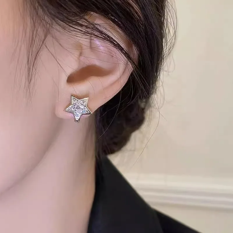 Silver-Tone Paved Diamond Star Stud Earrings - Sparkling Celestial Design, Dainty Chic Jewelry, Cross-Border Fashion Hit