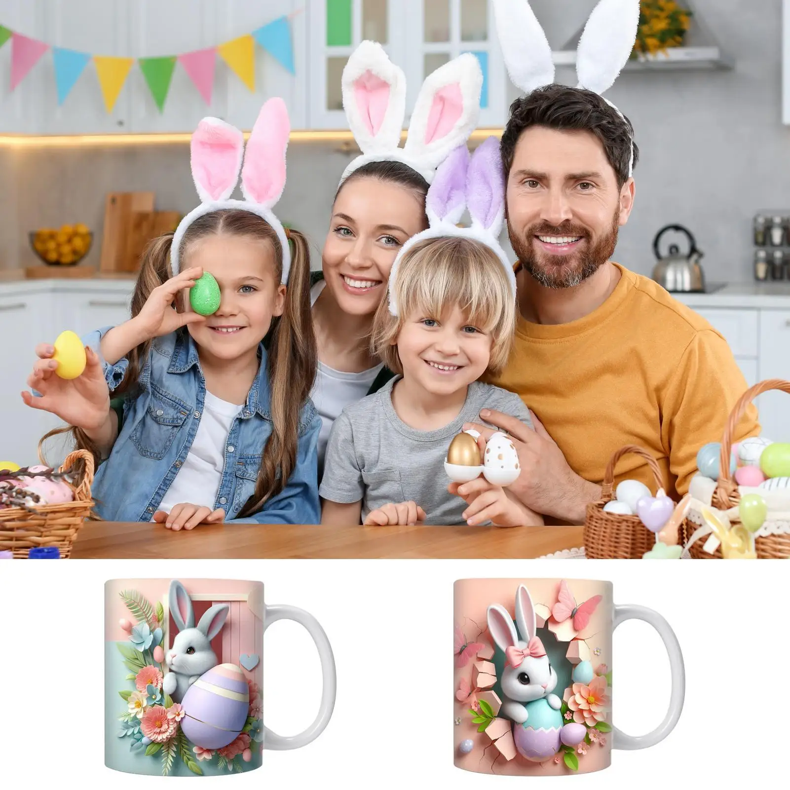Oster-Kaffeetassen aus Keramik, auslaufsicher, Frühlings-Trinkgeschirr, Osterbecher, Hasen-Wasserbecher für Zuhause, Schlafzimmer, Wohnzimmer, Küche, Esszimmer
