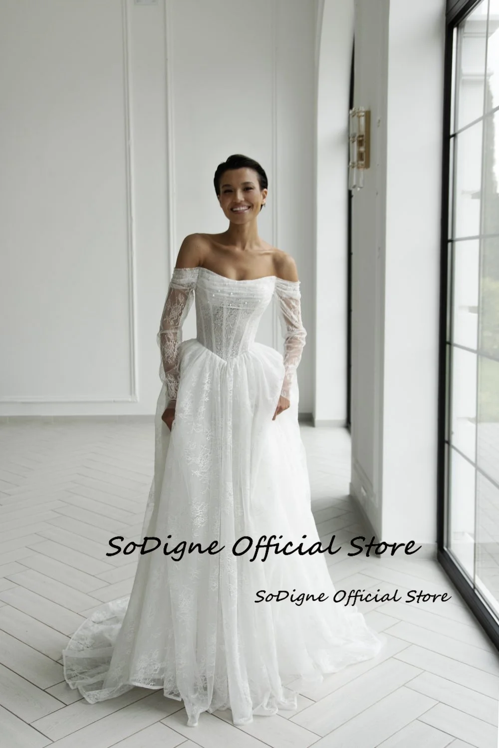  SoDigne A-line Lace Wedding Dresses Off Shoulder Long Sleeves Bridal Dress Boho Bride Gown Vestidos De Novia Customized