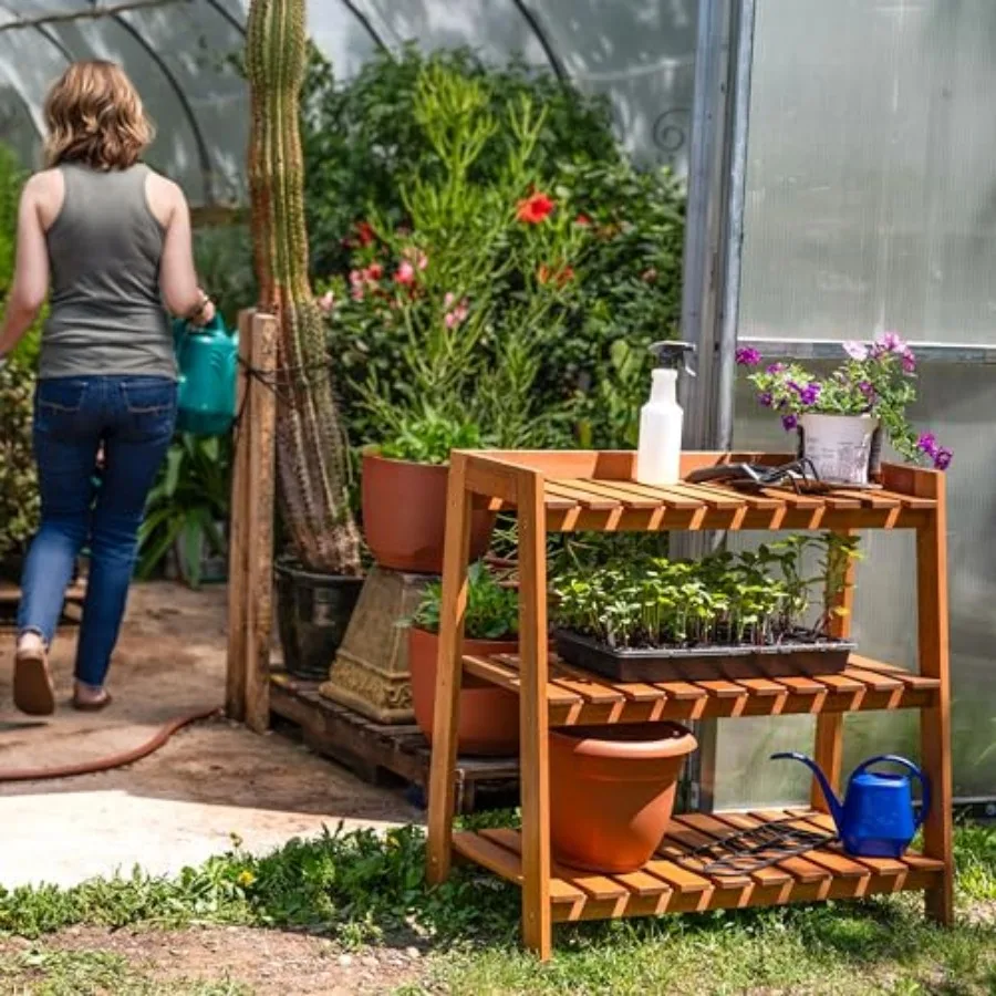 رف حديقة من خشب Meranti خارجي من Sunnydaze مكون من 3 طبقات مع لمسة نهائية من زيت الساج لسطح الفناء واستخدام الحديقة ومقاومة للطقس المتينة #2