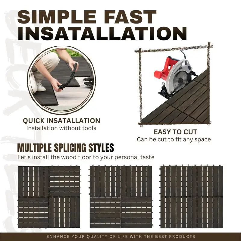 30 بلاط سطح متشابك، نمط مخطط، 12 بوصة × 12 بوصة أرضية خارجية من خشب السنط الصلب البني الداكن للفناء والشرفة، #4