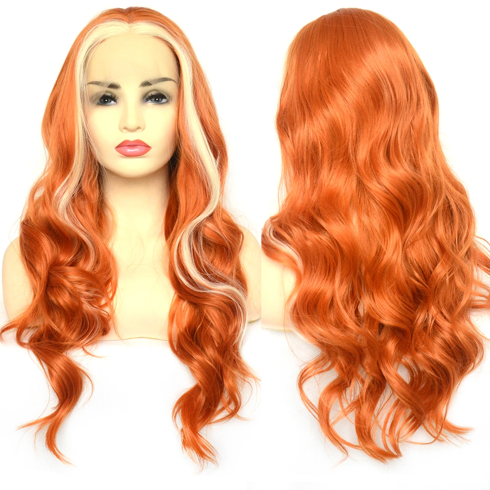 Voguebeauty Highlight Blonde Lace Front Wigs Orange Synthetic Wavy Hair Half Hand Tied Replacement Wig Cosplay for Women