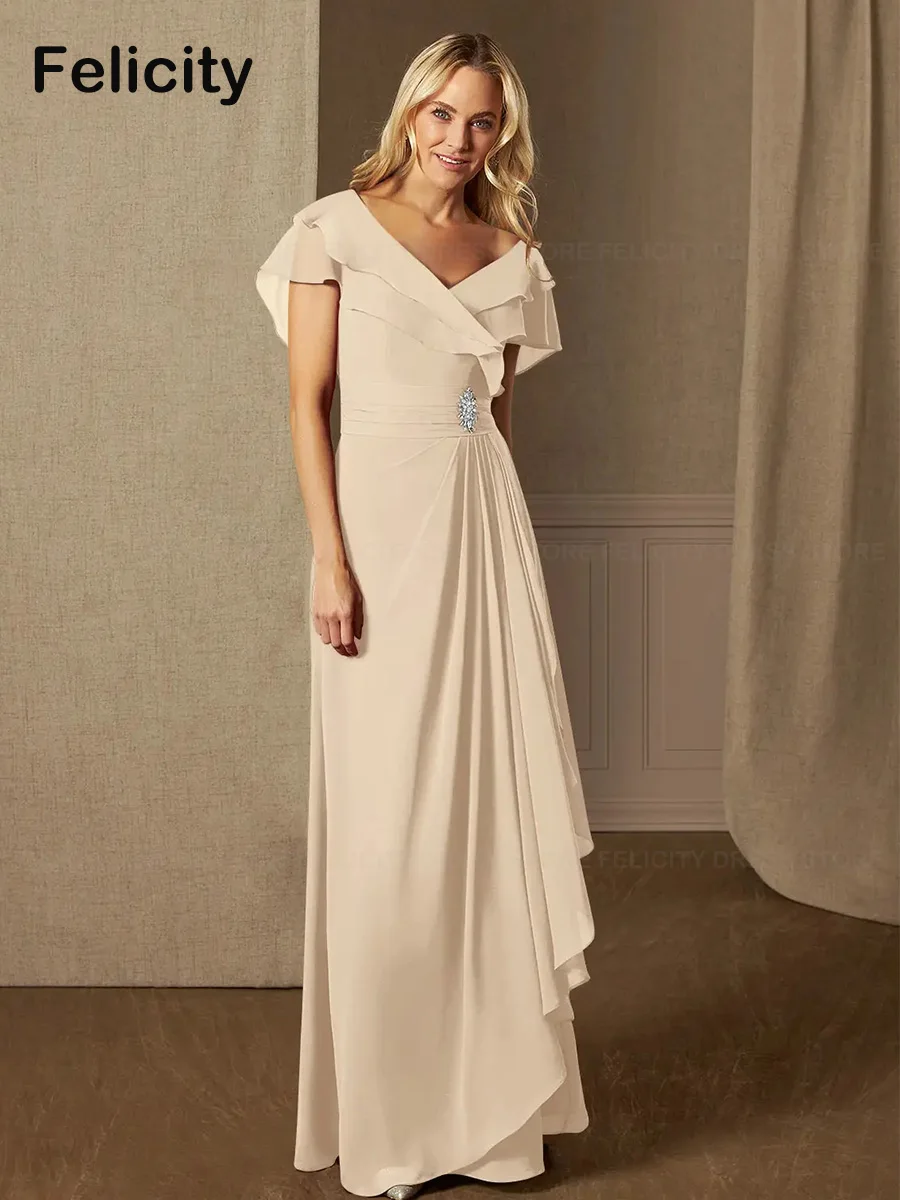 Elegant Mother of the Bride Dresses 2023 A-Line V-neck Floor-Length Pleated Crystal Wedding Party Dresses Robes Invitée Mariage