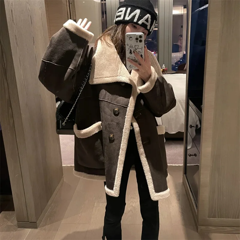 Kong Zhenfan-Casaco de lã de cordeiro feminino, roupa de motocicleta, solto, monocromático, luxuoso avançado, elegante, outono, inverno, novo, B111, 2023