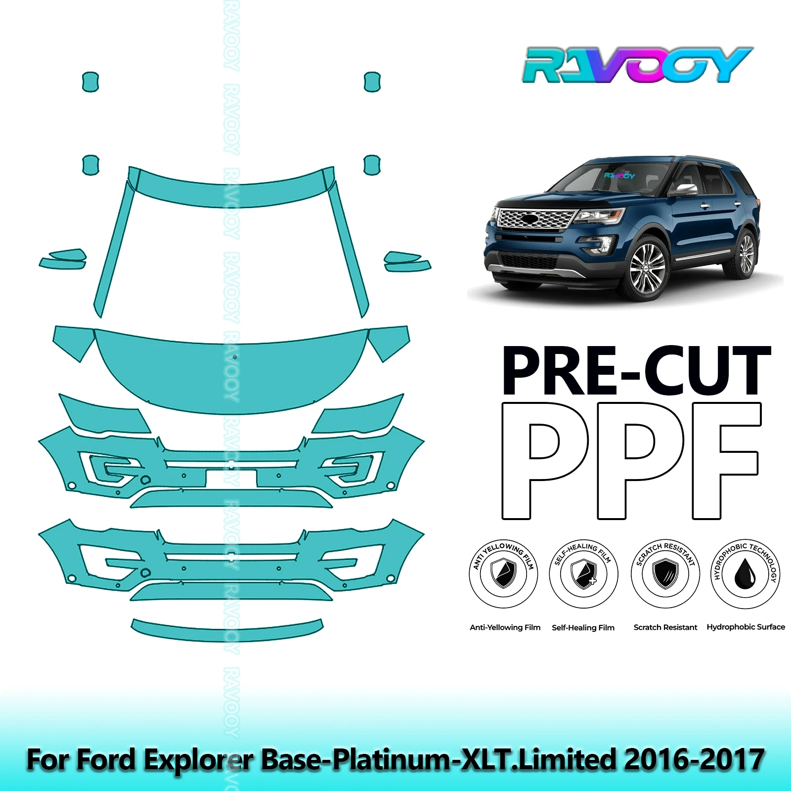 For Ford Explorer Base-Platinum-XLT.Limited 2016-2017 Partial Front Pre-Cut Paint Protection Film PPF Kit | Clear/Matte/Black