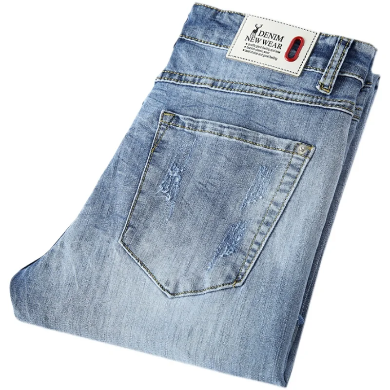 

Workout Wolf Men's Fitn Jeans Summer Thin Elastic Slim Training Muscle Hole Small Foot Pants Breathable Training Trousers