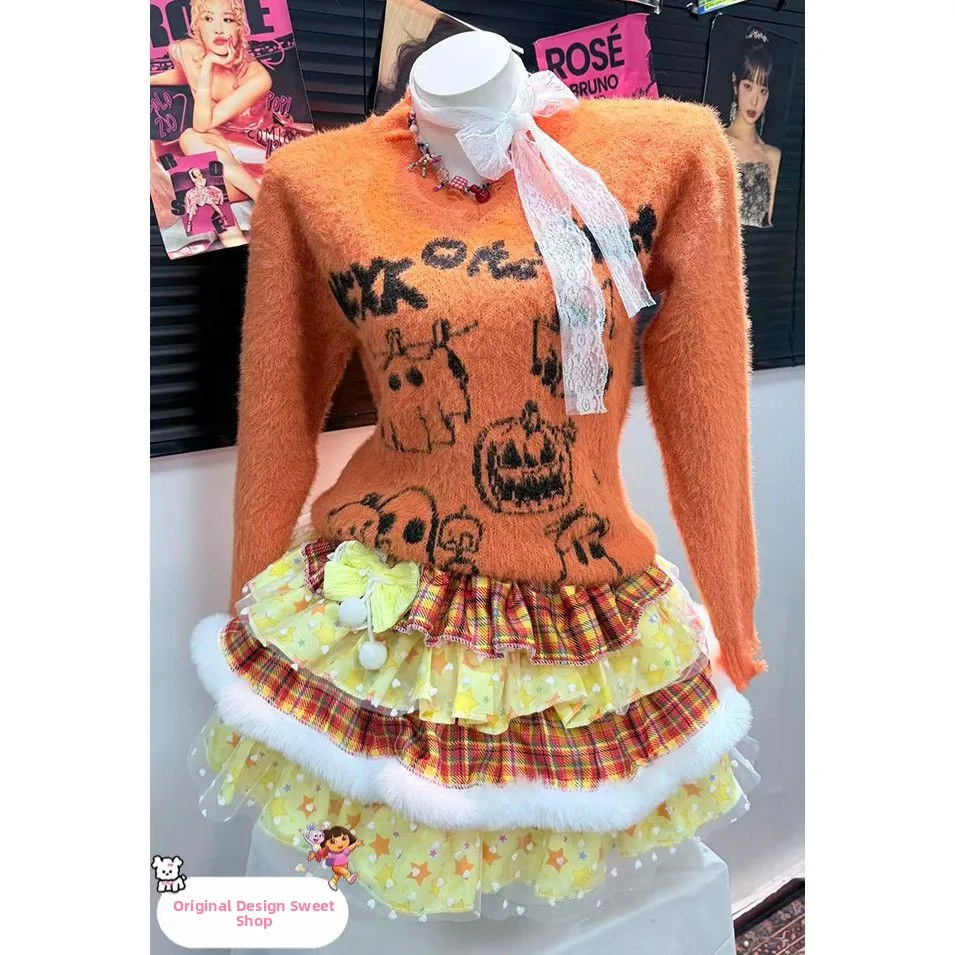 

Оранжевый норковый вязаный свитер ручной работы на Хэллоуин, юбка Dopane Cake Y2K Puffy Sweet Sle, женский длинный све, круглый топ Ne