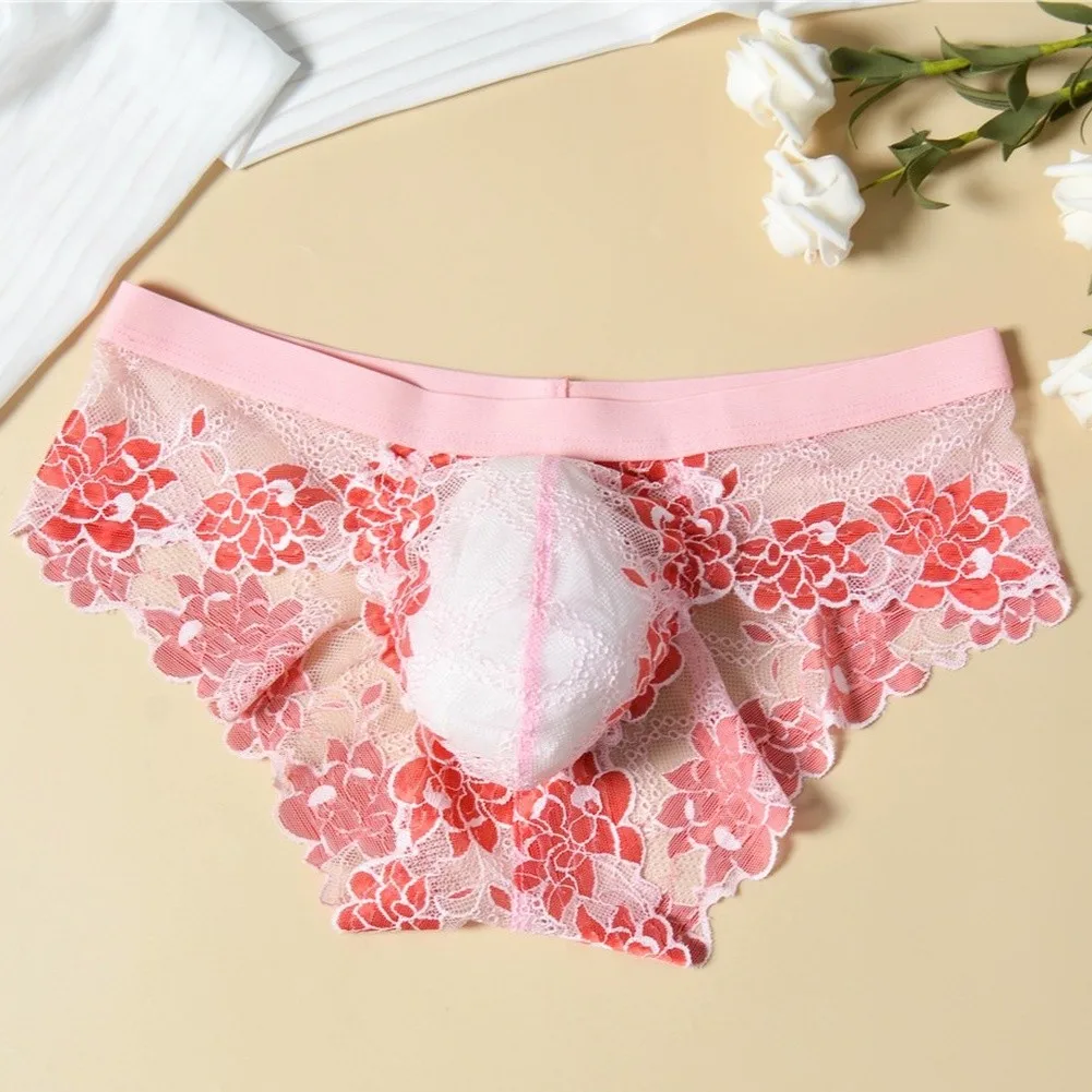 Men Floral Lace Briefs Semi-Transparent Underwear Low Rise Bulge Support Pouch Polyester Spandex Blend Breathable Fit