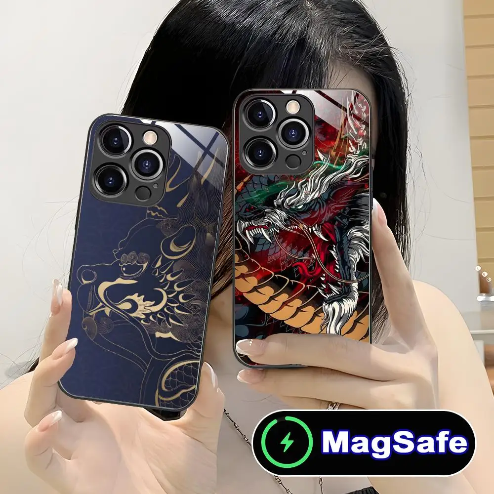 

Чехол для мобильного телефона East Orient Dragon для iPhone 16, 15, 14, 13, 12, 11 Pro Max Plus Mini MagSafe, стеклянный цветной принт, роскошный красивый