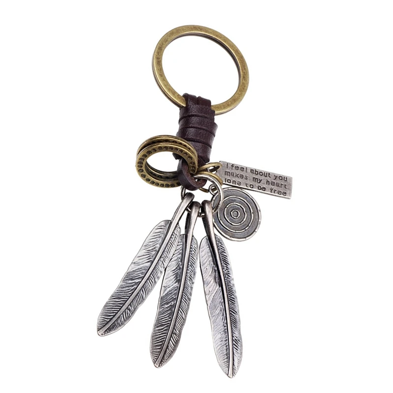 Vintage Pendant Hand Woven Leather Keychains for Men Car Key Chain Women Tassel Feather Keyring Charm Jewelry Friends Gift