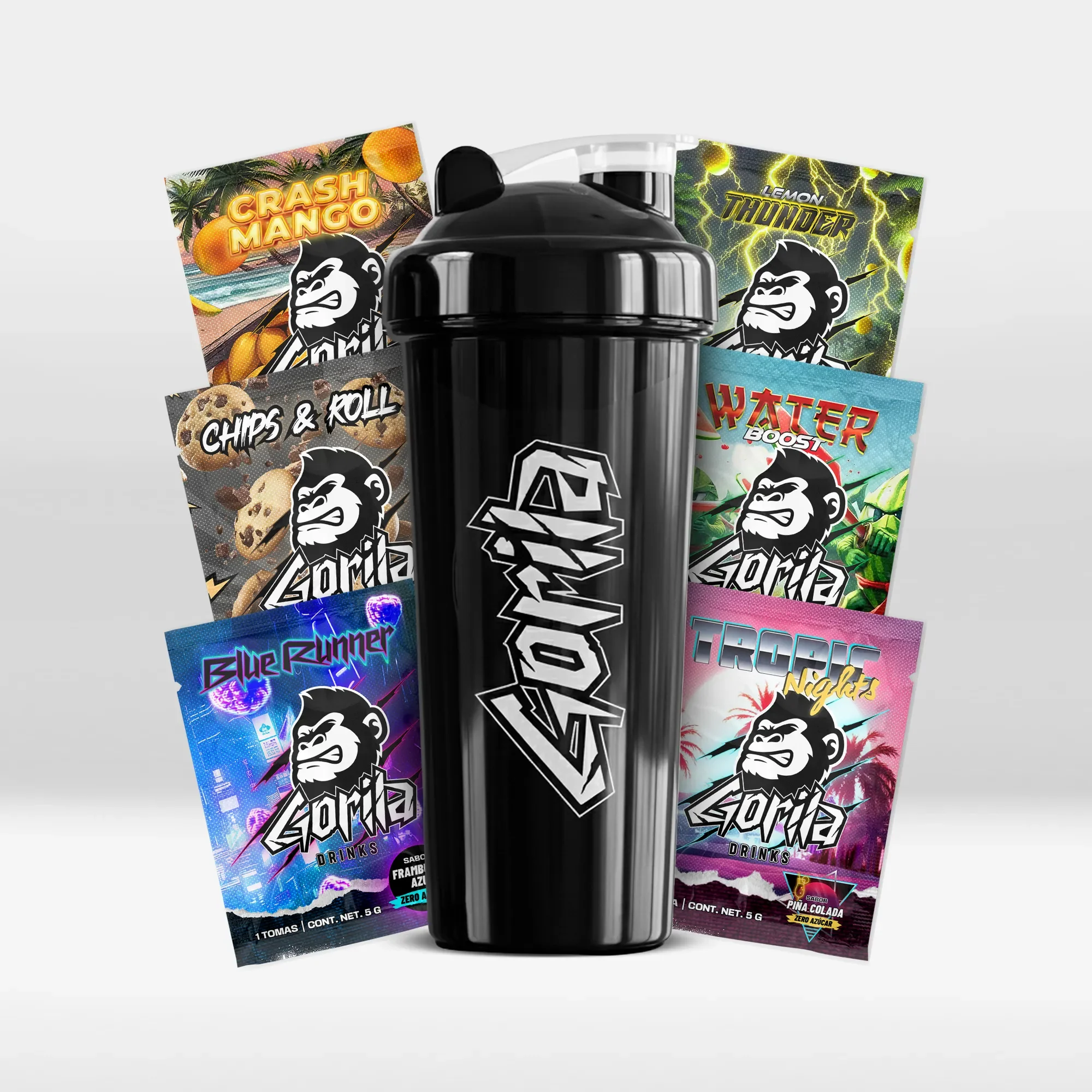 PACK DEGUSTACIÓN / Bebida Energética en Polvo Sin Azúcar + Shaker Gorila - 6 Sobres Monodosis (Toma de 5gr.) - GORILA DRINKS®
