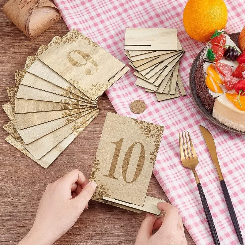 1 Set 20pcs 1-10 Wooden Table Numbers Decoration Rustic Table Signs with Base Holder Reusable Reception Centerpieces Seating